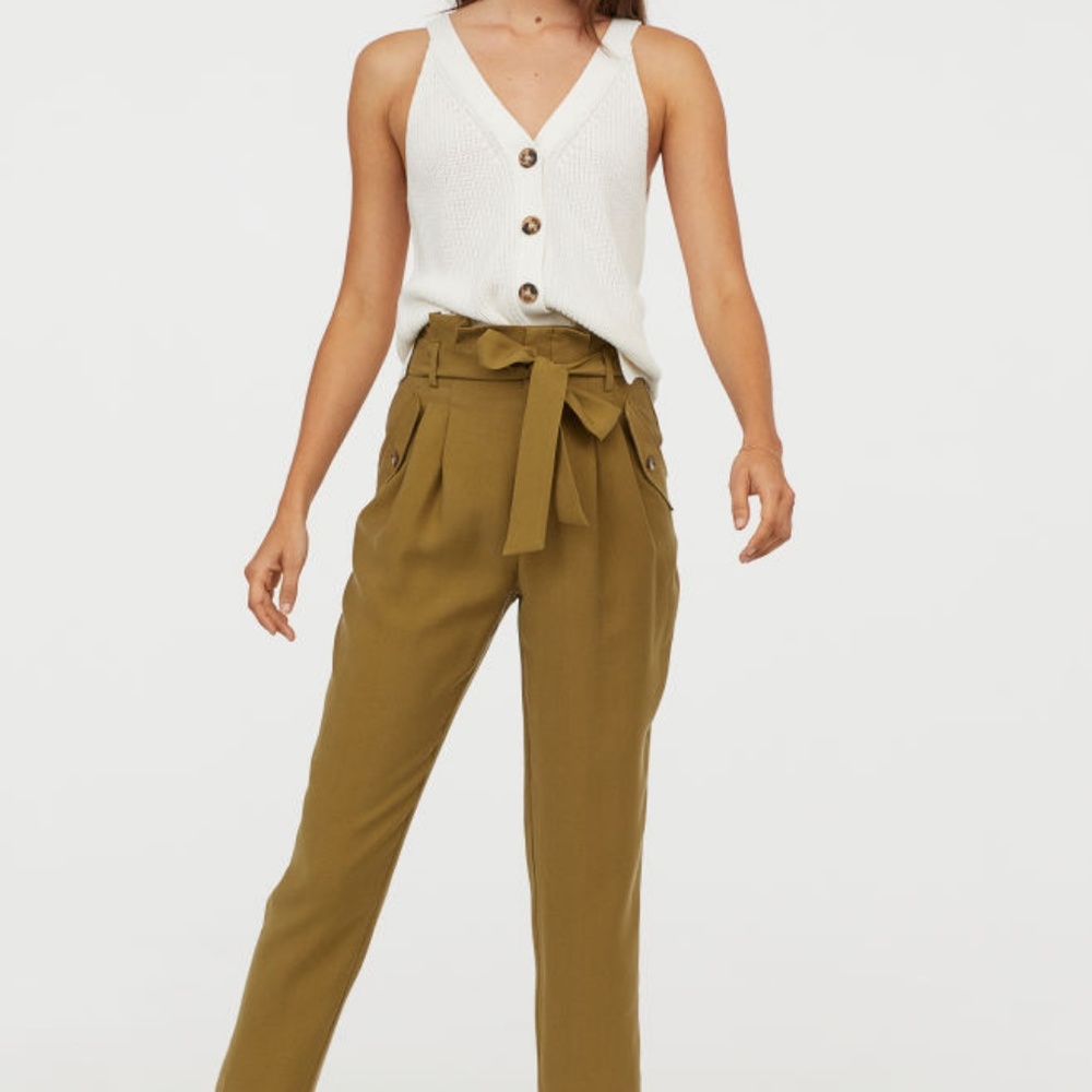 H&M Conscious Pants with Tie Belt Khaki green6 NWT